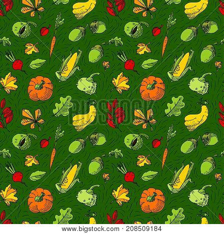 Autumn seamless pattern. Fall season background with bright leaves and vegetables. Doodle vector illustration with acorn pumpkin chestnut and corn in line art style.