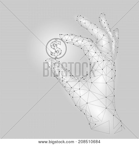 Low Poly Hand Hold Dollar Coin Carefully. Polygonal Triangle Connected Dot Point White Gray American