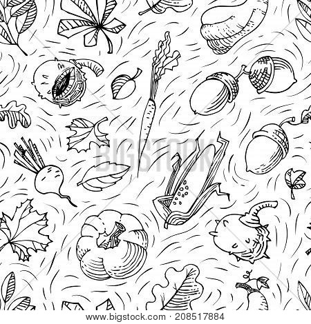 Autumn seamless pattern. Fall season background with leaves and vegetables. Doodle vector illustration with acorn pumpkin chestnut and corn in line art style.
