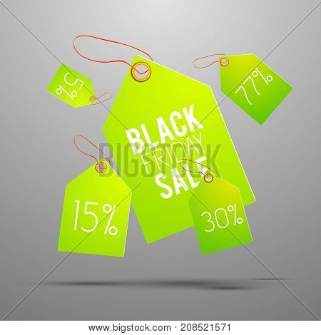Bright green sale tag set with percent of sale and black friday sale description on one of all vector illustration