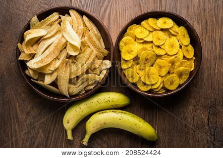 Stock Photo of Healthy Homemade Kela or Banana chips or wafers or Plantain Chips, selective focus