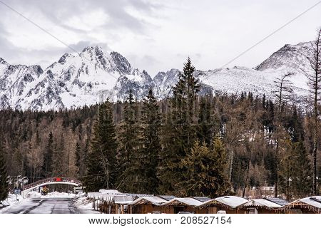 Strbske pleso area center of winter sports High Tatras Slovak republic. Travel destination.