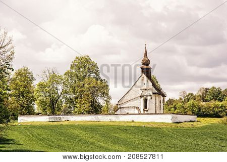 Chapel of Our Mother God near Veveri castle Moravia Czech republic. Religious architecture. Travel destination. Beauty photo filter.