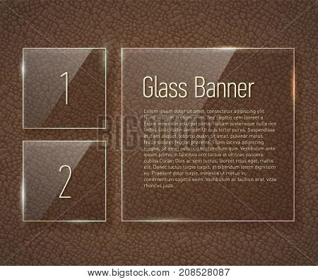 Glass banners on a leather background with translucent Victorian pattern. Vector illustration.