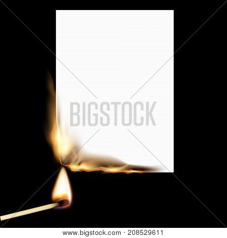 White sheet of paper on fire and match. Isolated on a black background. Stock vector illustration.