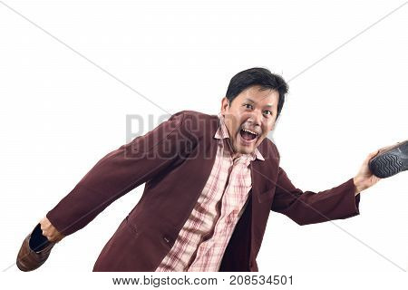 Crazy Businessman Holding Shoes And Try To Sneak Back In, Do Not Get Me Wrong Isolate On White Backg