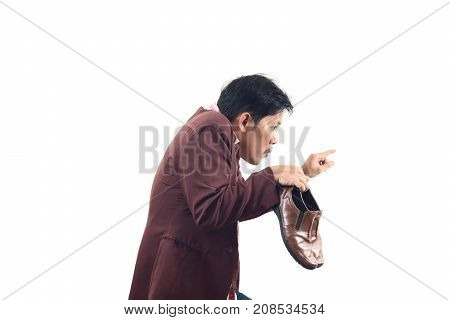 Crazy Businessman Holding Shoes And Try To Sneak Back In, Do Not Get Me Wrong Isolate On White Backg