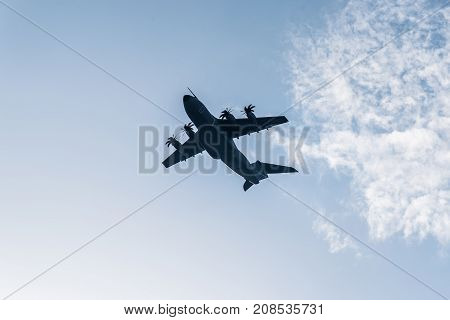 Madrid Spain - October 12 2017: Airbus A400M transport aircraft in Spanish National Day Parade. Several troops take part in the army parade for Spain's National Day.