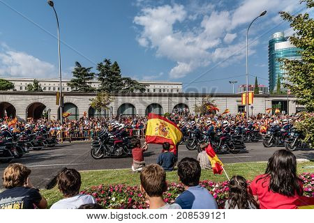 Madrid Spain - October 12 2017: Motorcycles in Spanish National Day Parade. Several troops take part in the army parade for Spain's National Day.