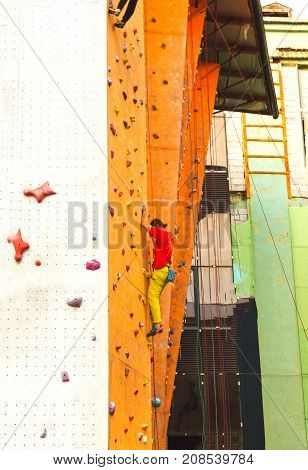 The Active Young Man On Rock Wall In Sport Center