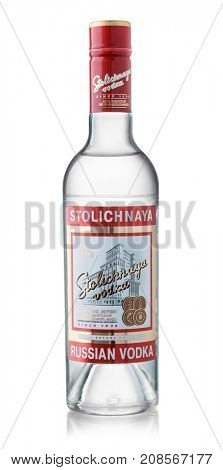 Samara, Russia - October 2017. Product shot of Stolichnaya Vodka isolated on white