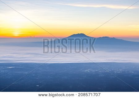 Mt. Lawu At Sunrise. View From Merapi Volcano.