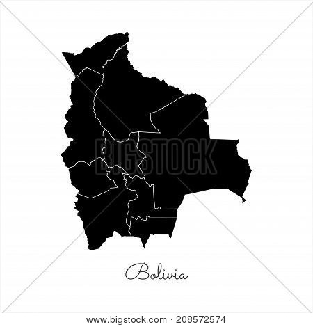 Bolivia Region Map: Black Outline On White Background. Detailed Map Of Bolivia Regions. Vector Illus