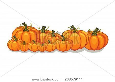 Halloween vector orange pumpkins graphic. Horizontal banner design template for e-commerce market web site banners or thanksgiving day backgrounds. Vector pile of orange pumpkins frame border patch.