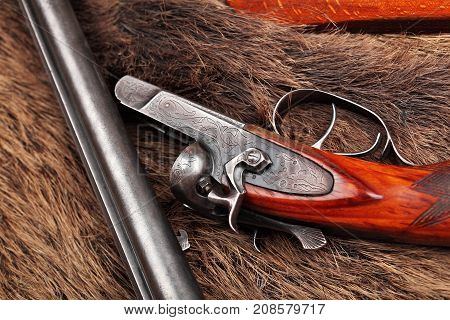 Old Double-barreled Shotgun, Disassembled, Gun On Wild Boar Furs.top View. Closeup