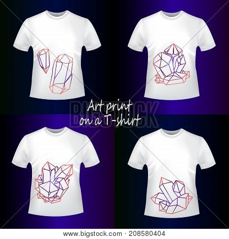 Design of men's clothing - a collection of men's T-shirts with a stylish print. Rainbow sketch of minerals is a beautiful geometric abstraction on white T-shirts. Stylish and popular clothes