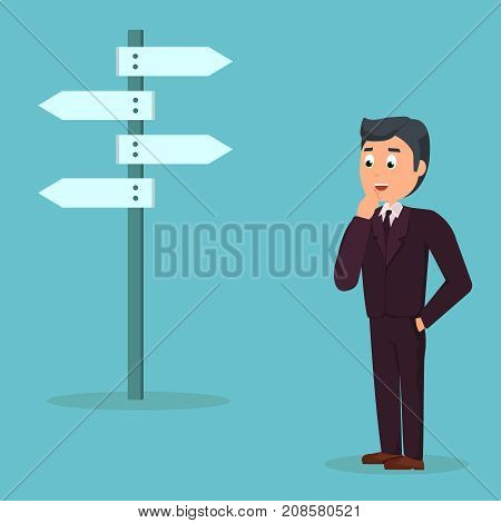 Career Planning Concept. Man thinks about his planing about career. Man standing in front of waymark on the street. Vector Illustration