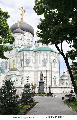 Annunciation Cathedral (Orthodox Church) and monument to Saint Mitrofan in Voronezh, Russia