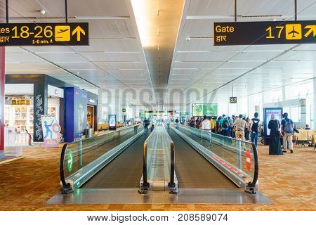 NEW DELHI, INDIA - CIRCA APRIL 2017: A travelator at Indira Gandhi International Airport.