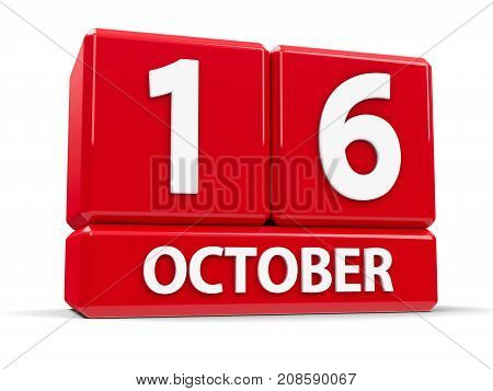Red cubes - The Sixteenth of October - on a white table - World Food Day National Boss's Day and World Anaesthesia Day three-dimensional rendering 3D illustration