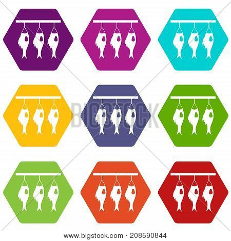 Three dried fish hanging on a rope icon set many color hexahedron isolated on white vector illustration