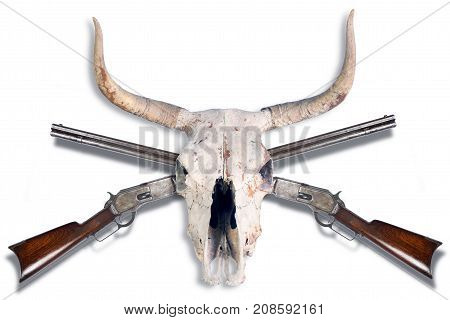 Antique cowboy lever action rifle and cow skull .