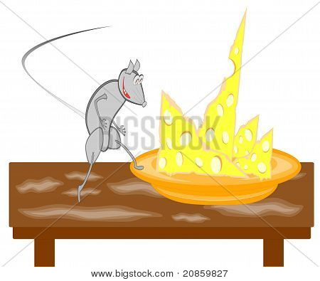 Ratte auf einem Tisch schleicht sich in die Schale gegeben, mit Käse.
