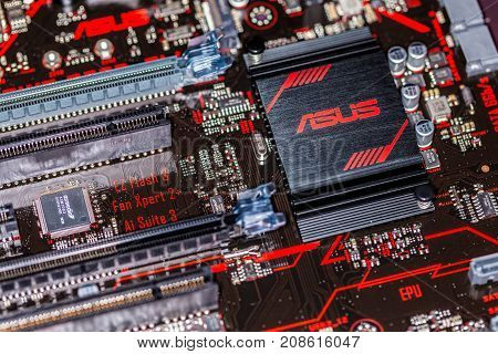 HANNOVER / GERMANY - OCTOBER 12 2017:Asus heatsink on an asus prime 350 plus mainboard