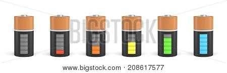 3d rendering of six C type batteries with charge indicators in different stages of energy levels. Maximum charge. Depleted batteries. New and old portable power.