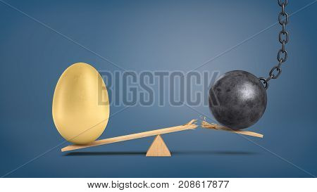 A wooden seesaw with a huge golden egg overweighing a wrecking ball that breaks the plank. Property investment. Valuables. Profit from someone's trouble.