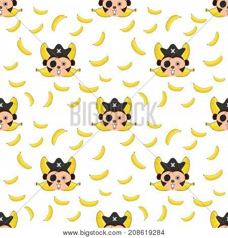 Seamless pattern Monkey and bananas logo. Monkey head and crossed bananas.pirate monkey cartoon T-shirt design for kids on white background vector illustration