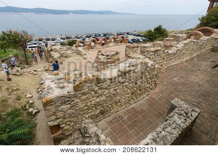 NESEBAR BULGARIA - AUGUST 21 2017: The ruins of Church of the Holy Mother Eleusa in the UNESCO World Heritage town of Nesebar. In the Western church the type is often known as the Virgin of Tenderness.