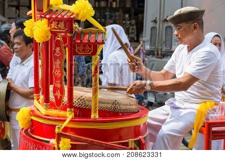 People Hit Chinese Traditional Drum In Chinese Dragon Dance At Bangkok China Town In Vegetarian Fest