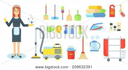 Maid flat vector character. Girl, woman in uniform with cleaning supplies and vacuum cleaner. Cleaning service of hotels and houses. Cartoon illustration. Objects isolated on a white background.
