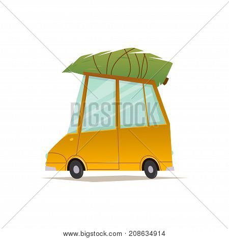 Car with christmas tree, Vector flat illustration. Christmas car. Vector illustration for you design.