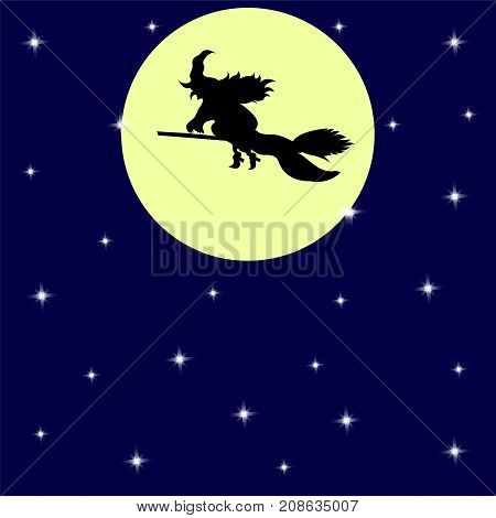 Background Halloween witch on a broom full moon sta