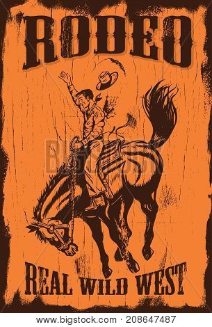 rawing of a cowboy riding a wild horse at sunset, vector