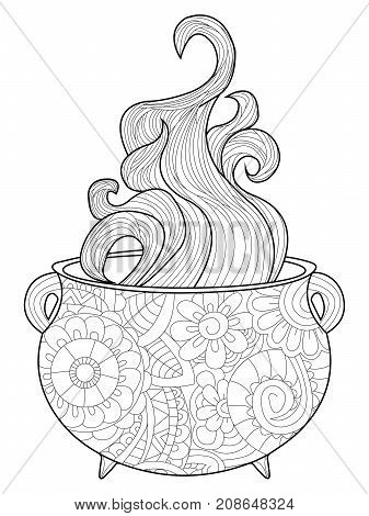 With steam witches cauldron coloring book for adults raster illustration. Anti-stress coloring for adult magic. Zentangle style. Black and white lines. Lace pattern boiler