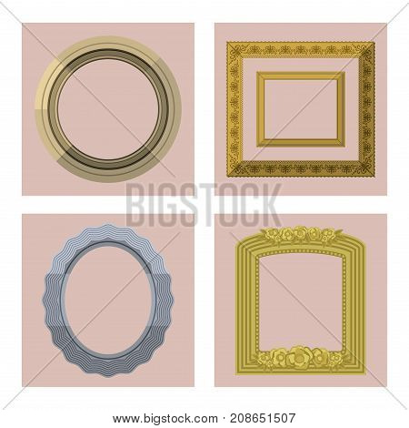 Picture frame museum interior exhibition decorative vector. Photo art gallery on vintage antique decoration wall. Photograph paper wooden square blanck.