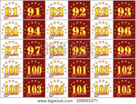 Set Of Gold Numbers From 91 To 105 And The Word Of The Year Decorated With A Circle Of Stars. Vector