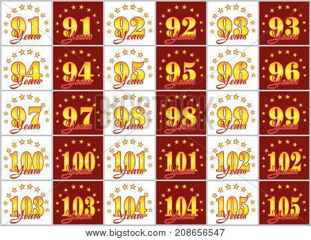 Set Of Gold Numbers From 91 To 105 And The Word Of The Year Decorated With A Circle Of Stars. Vector