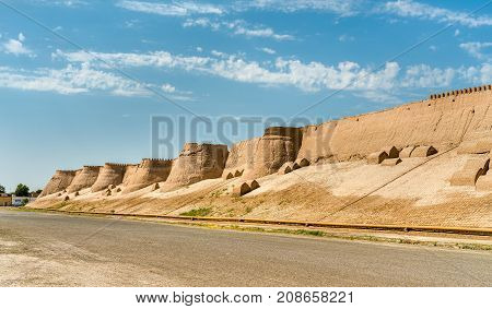 City walls of the ancient city of Ichan Kala in Khiva, a UNESCO heritage site in Uzbekistan