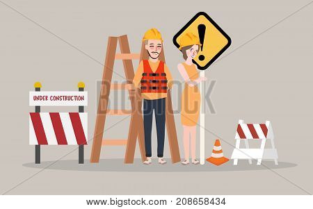 under construction page man woman worker on construction site close road vector