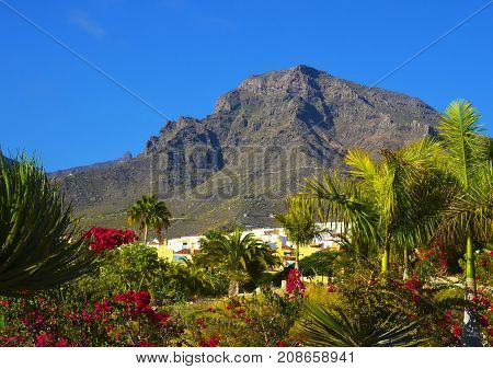 View of Roque del Conde mount (Table Mountain) in Torviscas Alto,Tenerife,Canary Islands,Spain.Vacation or travel concept.