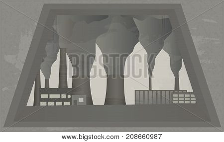 View from window at Smoking chimneys of plant. Industrial landscape. Vector illustration of environmental pollution. Clouds of smoke from factory chimney. Horizontal location.