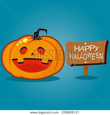 Smiling pumpkin with a wooden sign and the text 