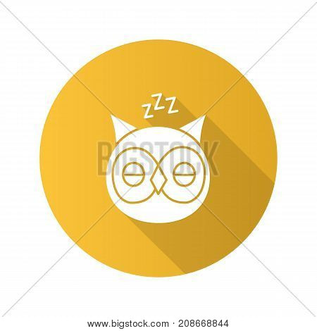 Sleeping owl flat design long shadow glyph icon. Owl with zzz symbol. Vector silhouette illustration