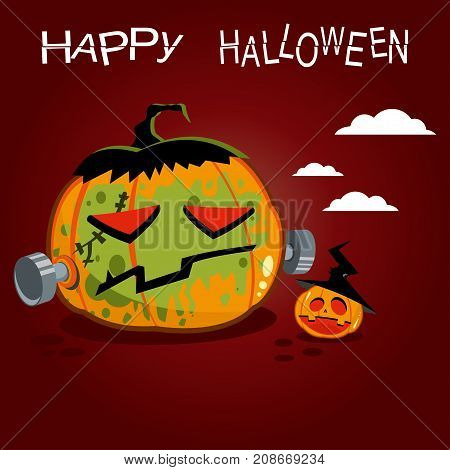 Pumpkin in a suit of monster and a small pumpkin-witch. Vector illustration poster for Halloween.