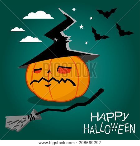Pumpkin in witches costume. Vector character for Halloween.