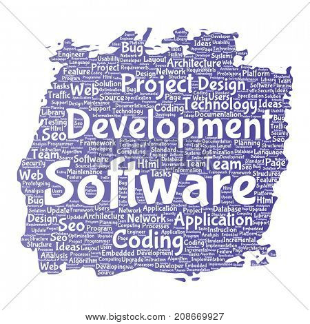 Conceptual software development project coding technology paint brush word cloud isolated background. Collage of application web design, seo ideas, implementation, testing upgrade concept
